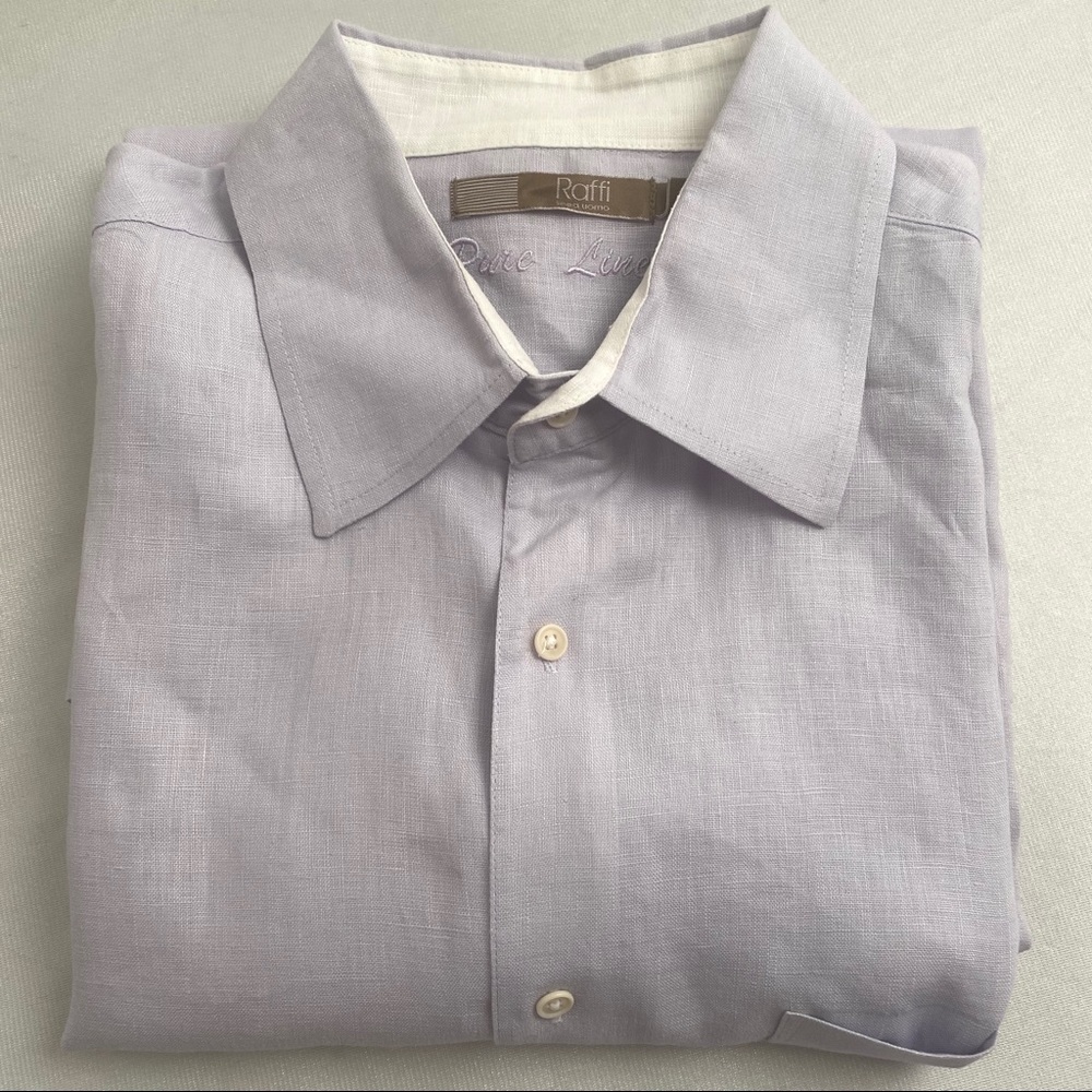 Raffi lavender short sleeve linen button down shirt